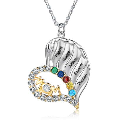 Personalised Heart Necklace With 5 Birthstones Engraved Names Gift For Mother-Jessemade AU