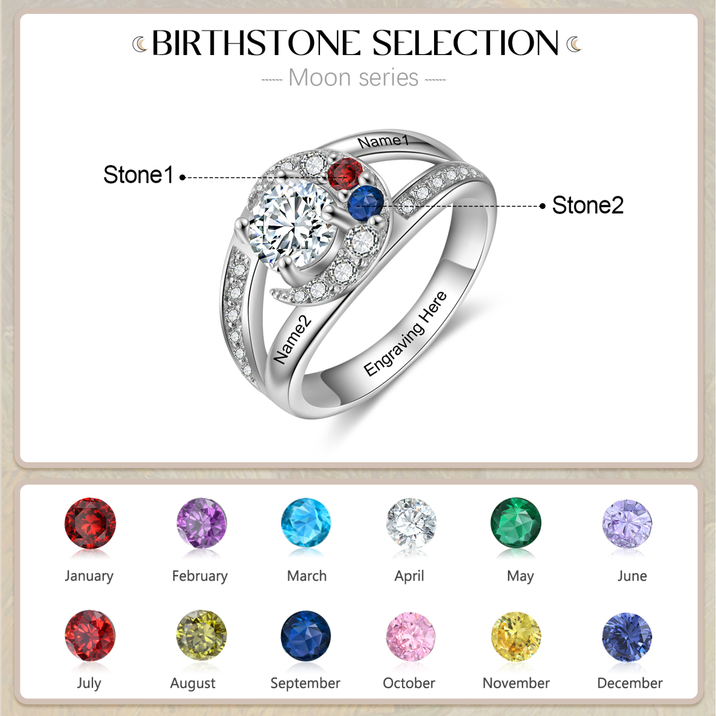 Personalised Moon Star Ring With 2 Birthstones Custom Names Best Gift For Women-Jessemade AU