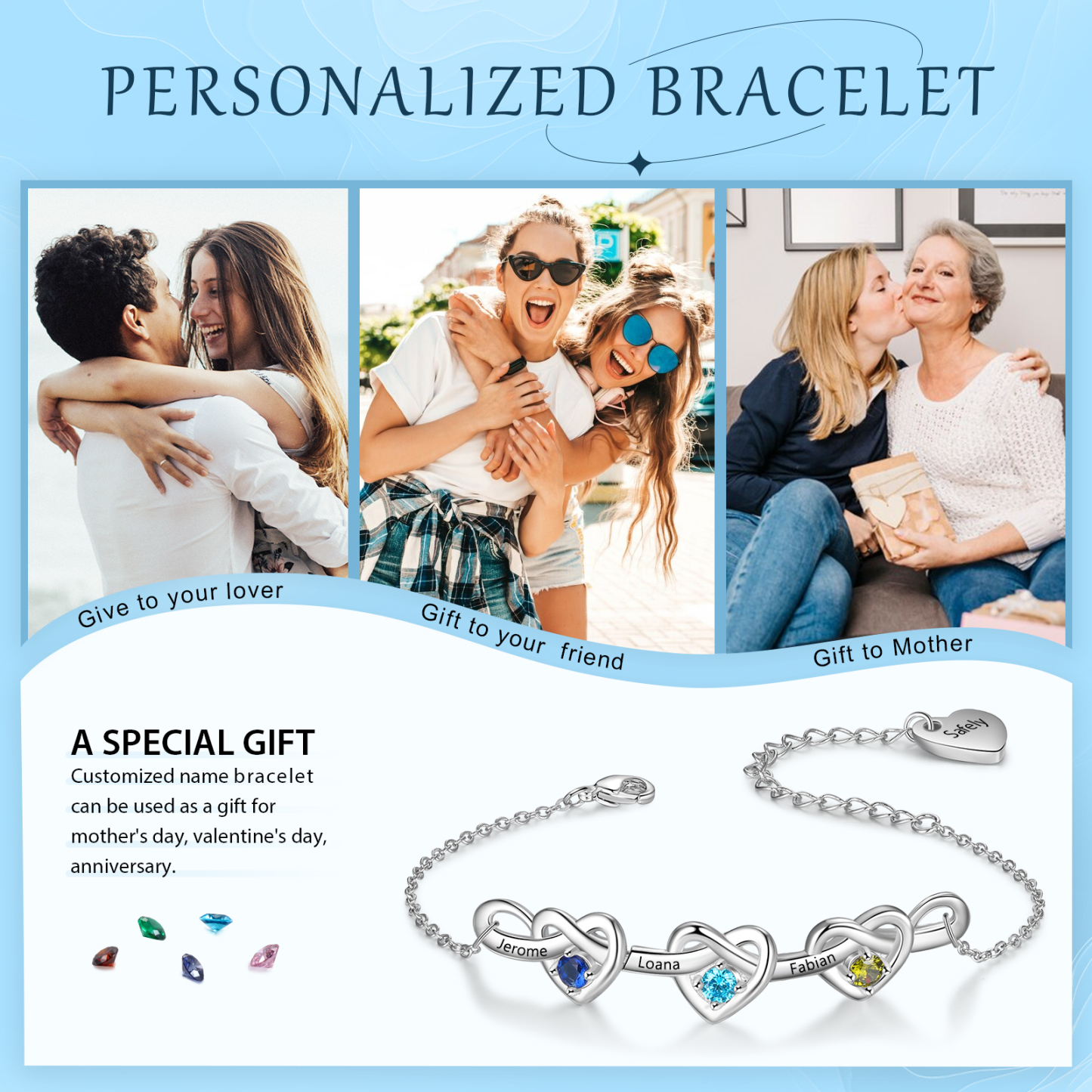 3 Names - Personalised Linked Heart Bracelet Custom 3 Birthstones Engraved Text Bracelets-Jessemade AU