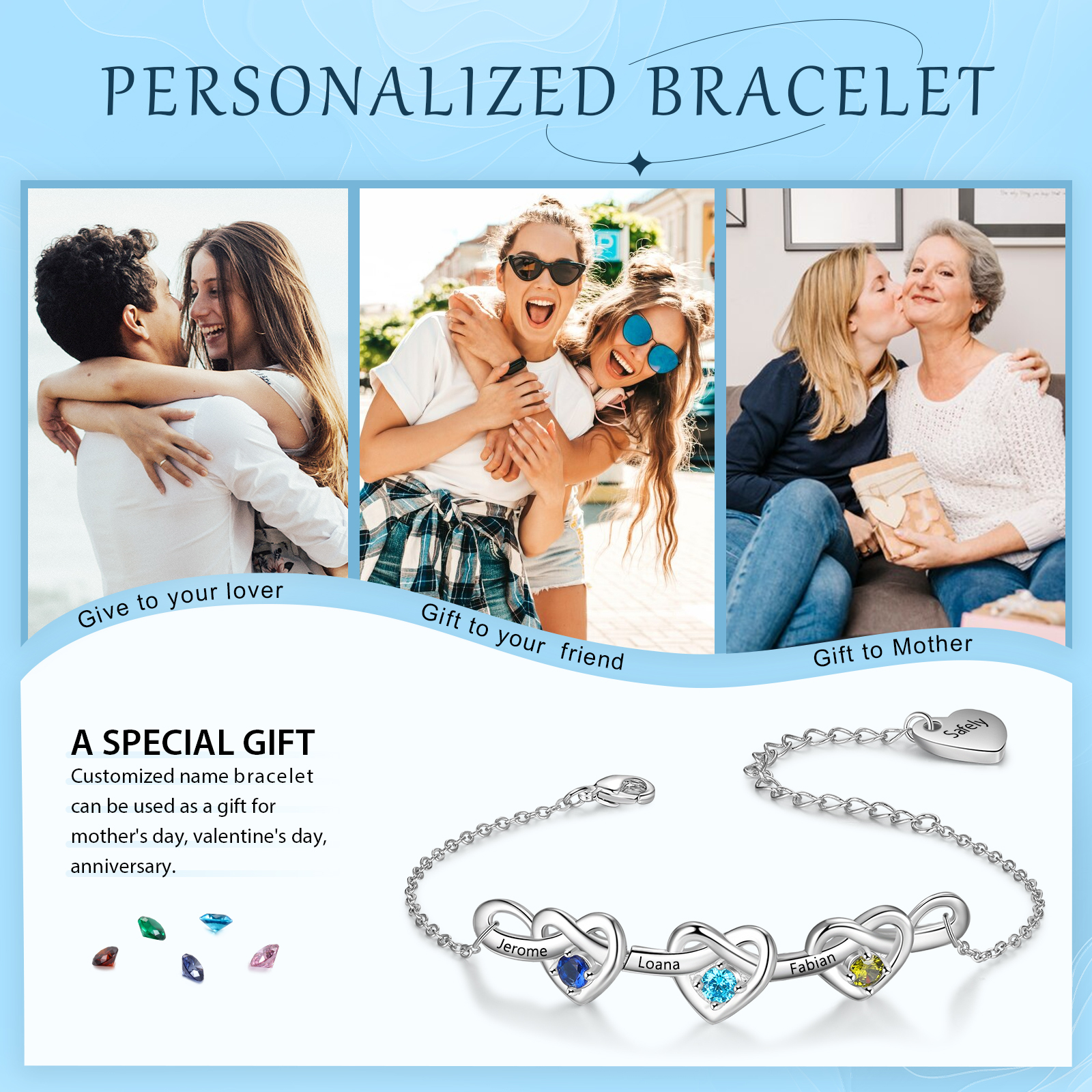 3 Names - Personalised Linked Heart Bracelet Custom 3 Birthstones Engraved Text Bracelets-Jessemade AU