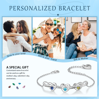 3 Names - Personalised Linked Heart Bracelet Custom Names & Birthstones & Text Bracelets Birthday Gift For Her-Jessemade AU