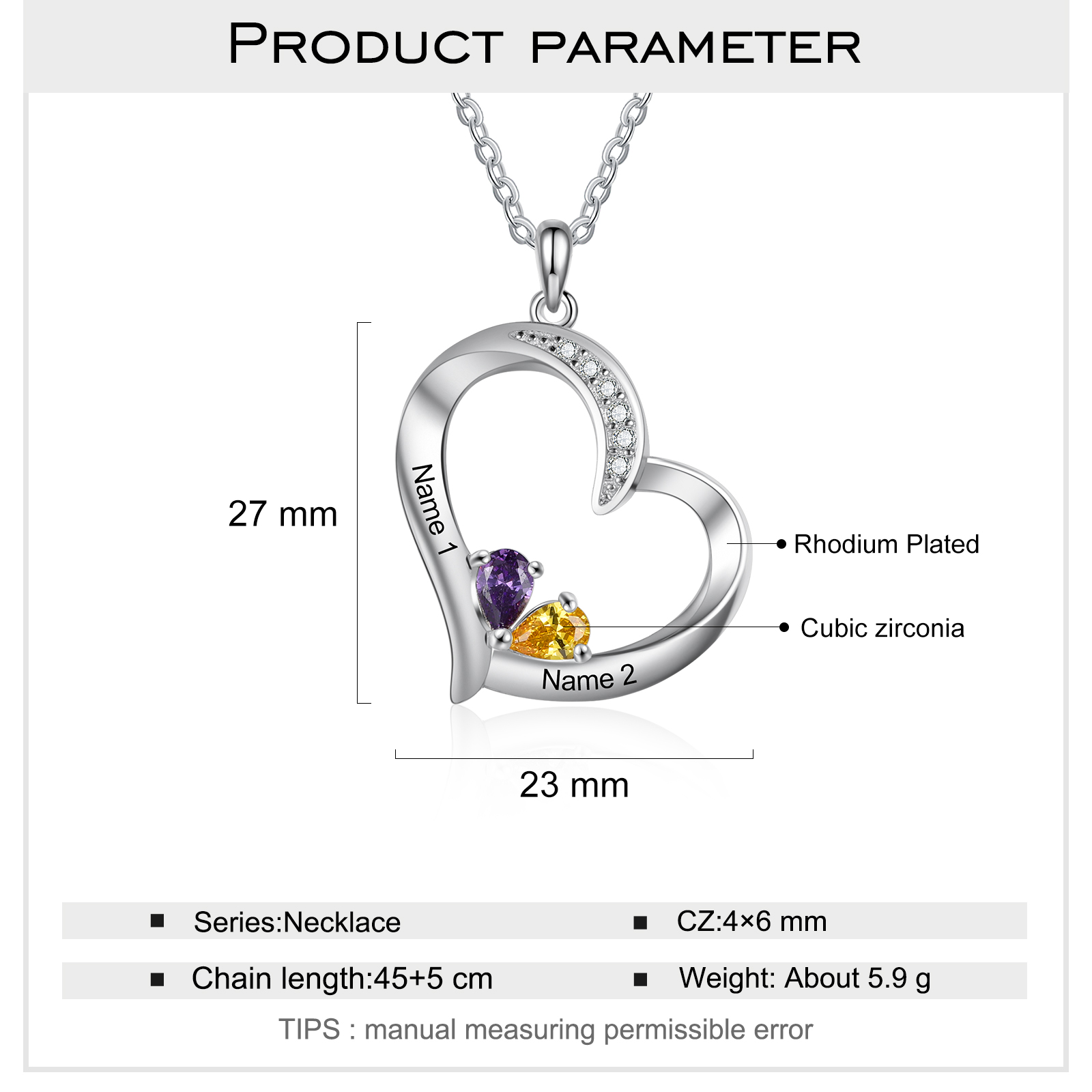 Personalised Heart Necklace With 2 Birthstones Engraved Names Gift For Her-Jessemade AU