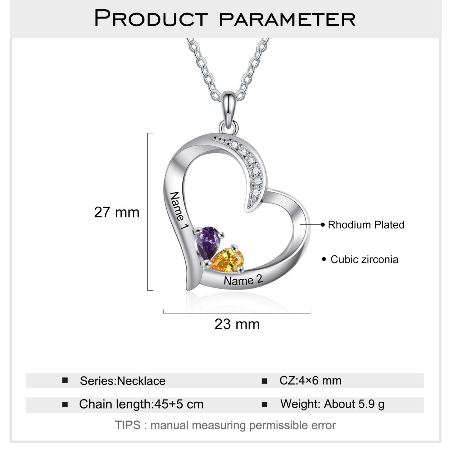 Personalised Heart Necklace With 2 Birthstones Engraved Names Gift For Her-Jessemade AU