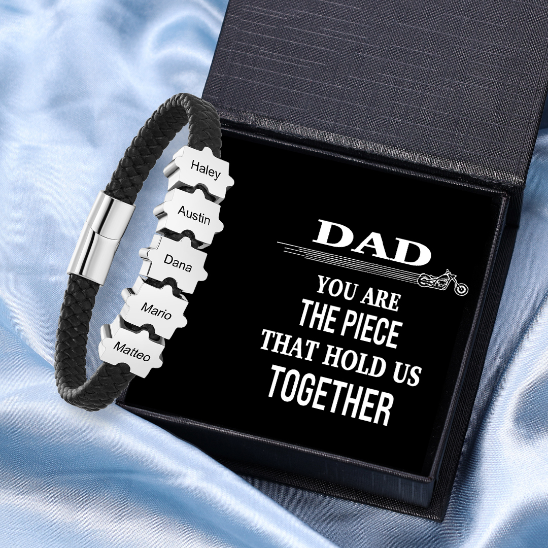 Custom Family Puzzle Bracelet Engrave 5 Names Leather Bracelet Father's Day Gifts for Dad-Jessemade AU