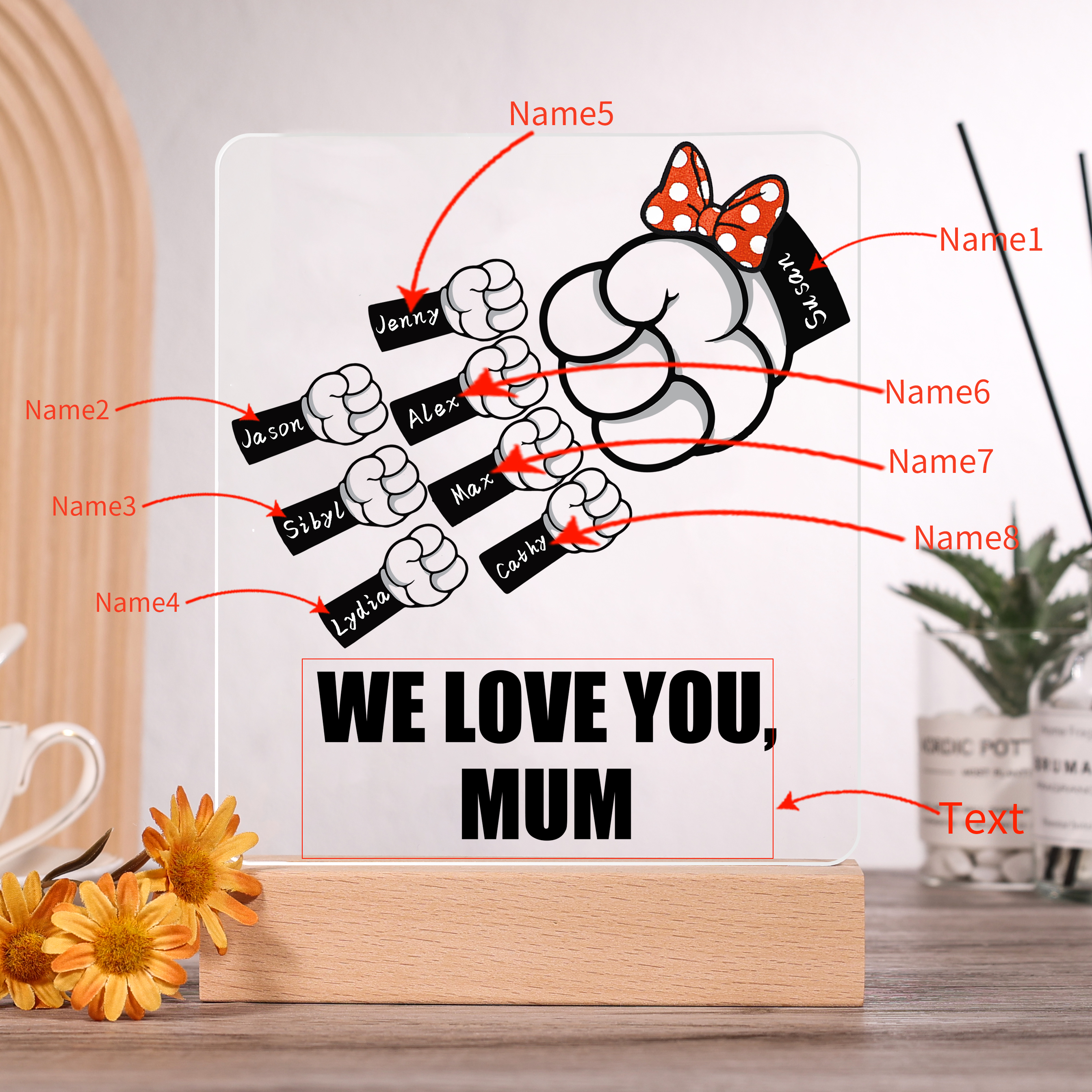 8 Names - Personalised Acrylic Night Light Custom Names & Text Fist Bump LED Lamp Gifts for Family-Jessemade AU