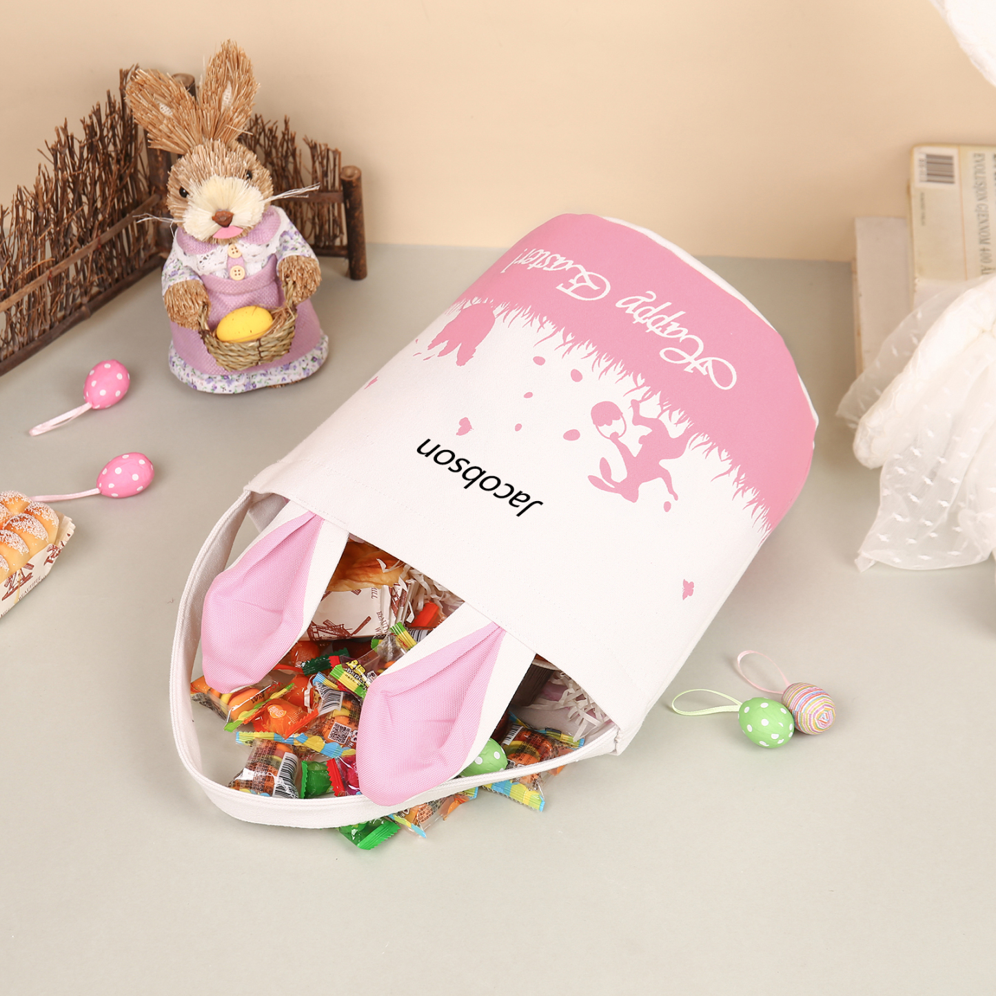 Personalised Bunny Tote Bag Customised with Name Bunny Bucket Bag Easter Gifts-Jessemade AU