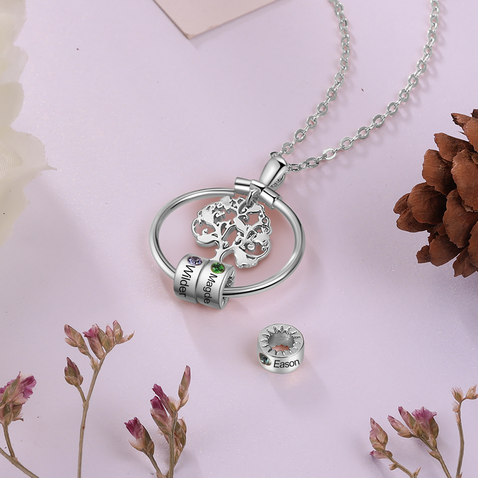 Personalised Family Tree Necklace With 2 Birthstones Engraved Names Gift For Mother-Jessemade AU