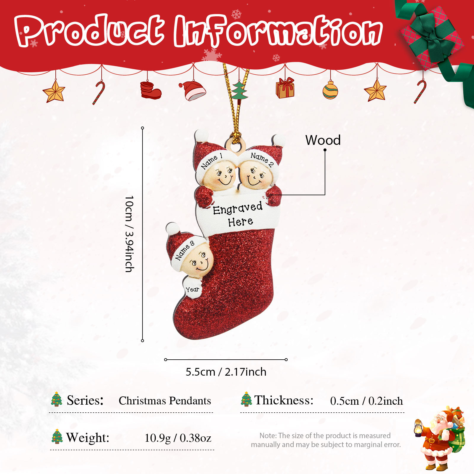 3 Names - Personalised Christmas Stocking Ornament Customised Name & Text & Year Wooden Hanging Ornaments Christmas Gift for Family-Jessemade AU