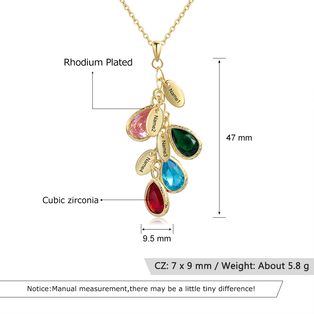 Personalised Leaf Necklace With 4 Heart Birthstones Engraved Names Gift For Her-Jessemade AU