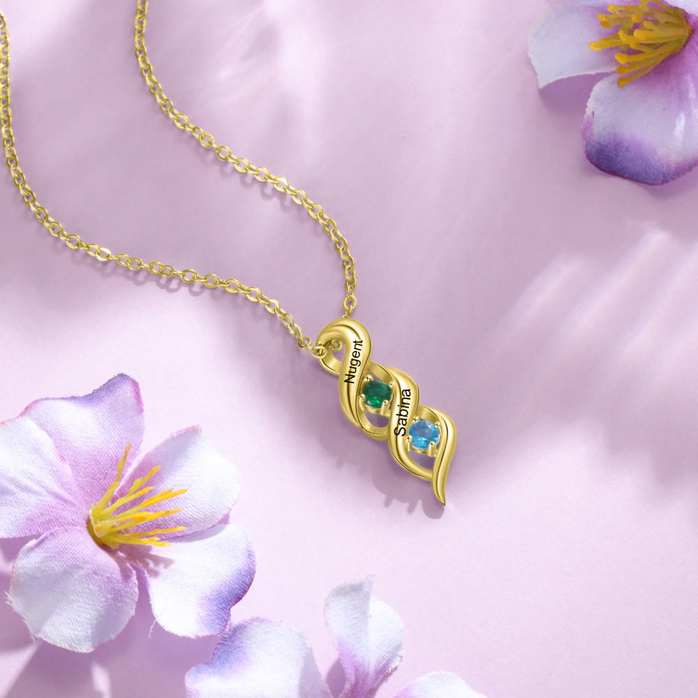Personalised Necklace Cascading Pendant with 2 Birthstones Engraving 2 Names Gifts for Her-Jessemade AU