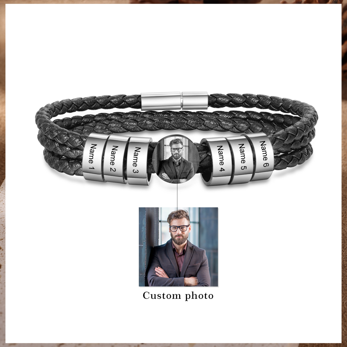Personalised Photo Bracelet with 6 Names Leather Bracelet Beaded Wrap Bracelet-Jessemade AU