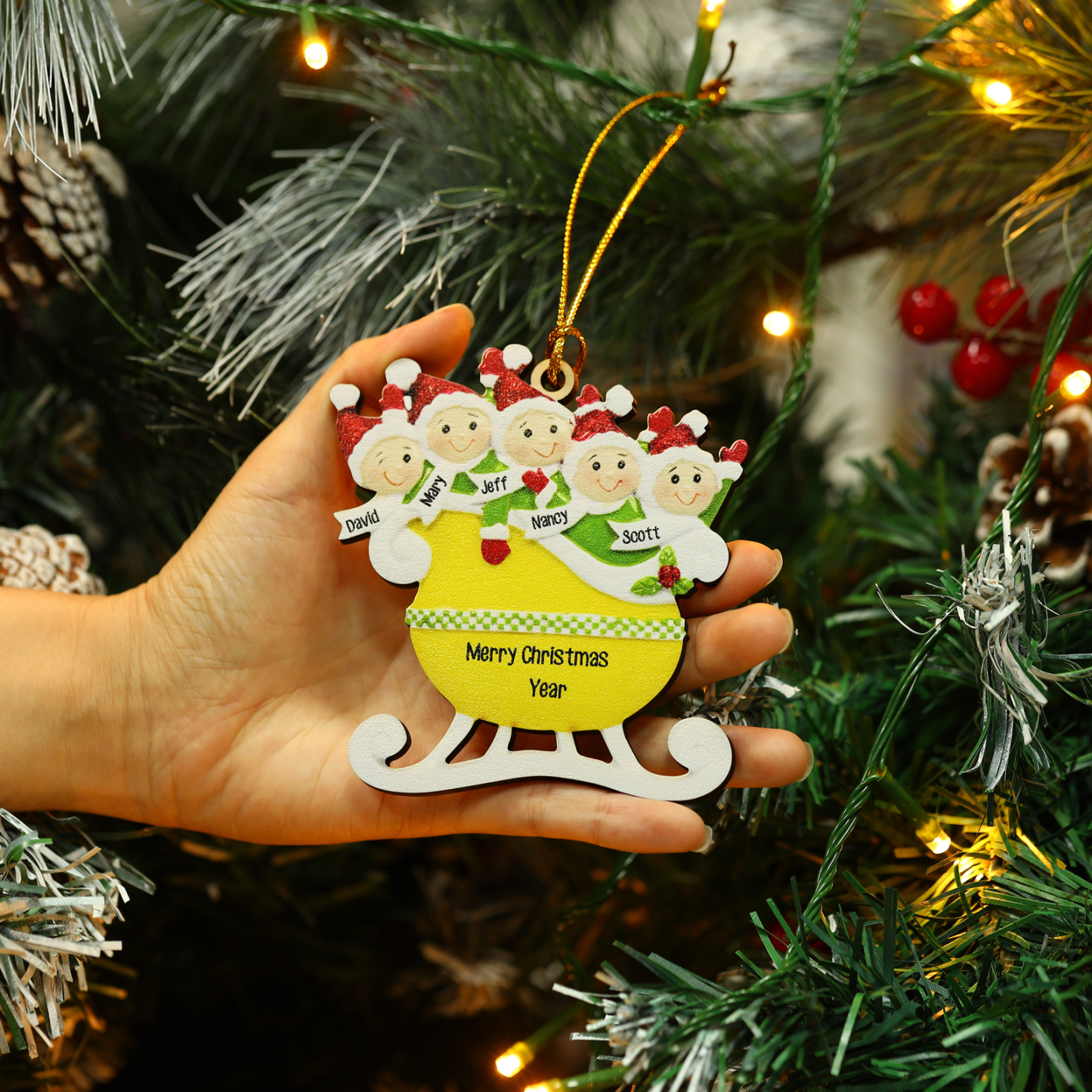 5 Names - Personalised Yellow Sleigh Family Christmas Ornament Customised Name & Text Wooden Hanging Ornaments Christmas Gift for Family-Jessemade AU