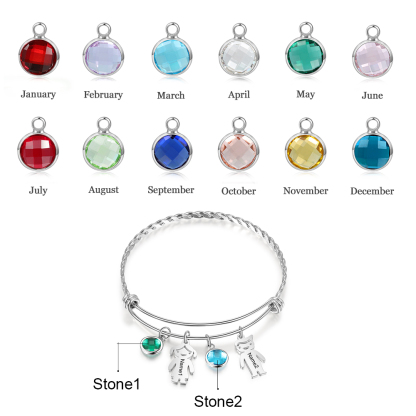 Mother's Day Personalised Kid Charms Bangle Bracelet With Names Customised 2 Birthstones Gift For Women-Jessemade AU