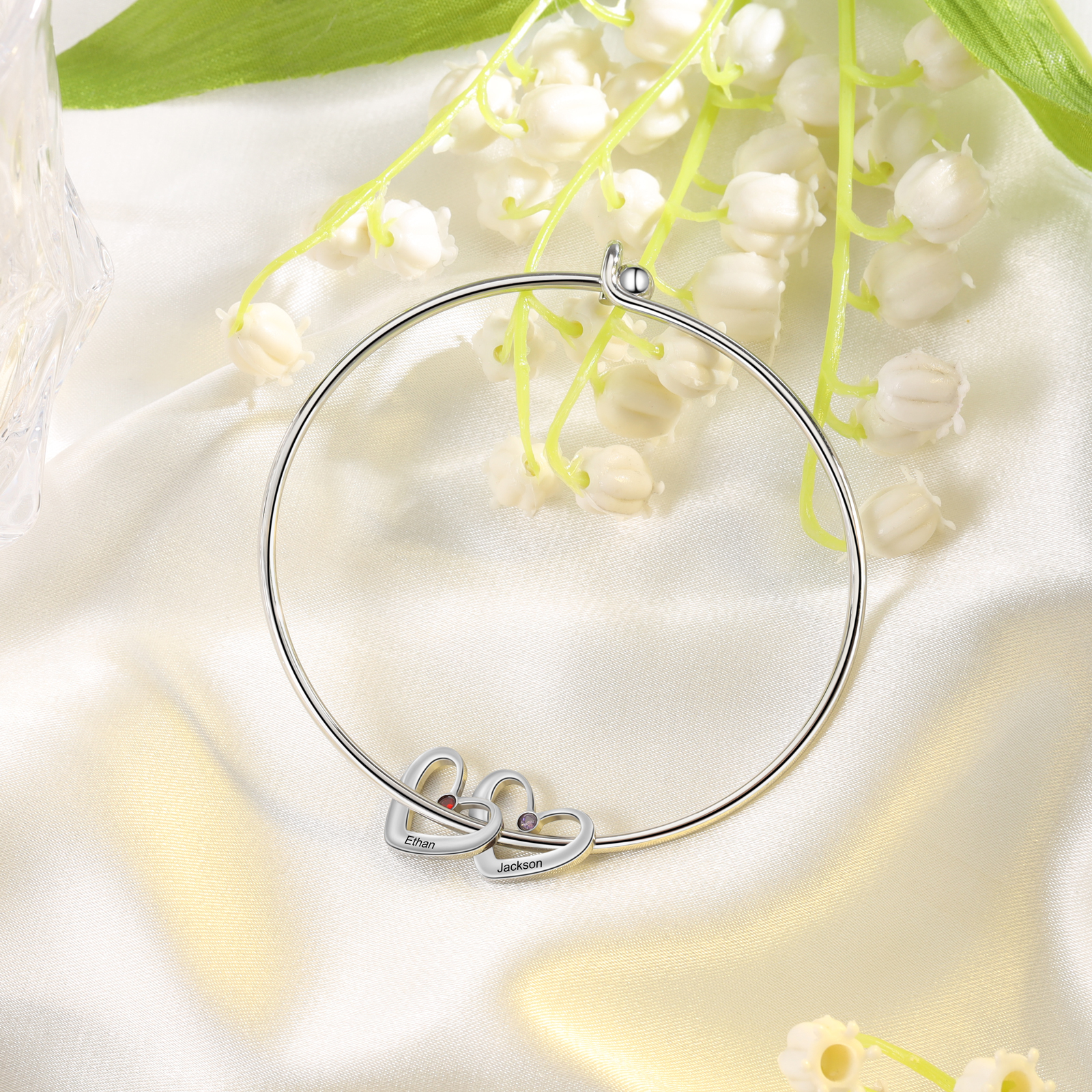 Personalised Heart Bangle With 2 Names and Birthstones Bangle Bracelet Mother's Day Gifts For women-Jessemade AU