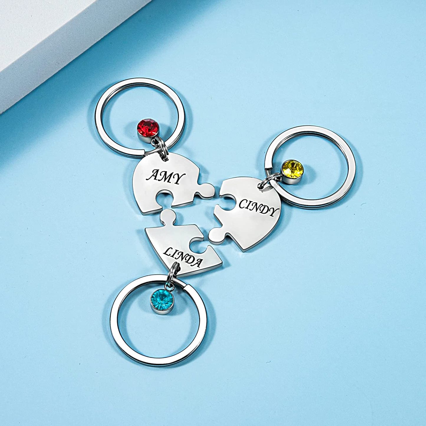 Personalised 3 Names Heart Puzzle Keychain with Birthstones Gifts for Family-Jessemade AU