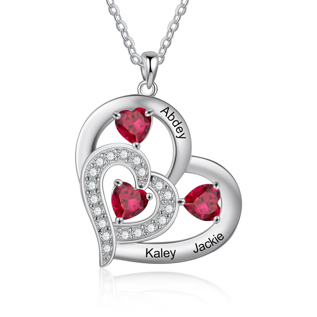 Personalised Heart Necklace With 3 Birthstones Engraved Names Gift For Her-Jessemade AU