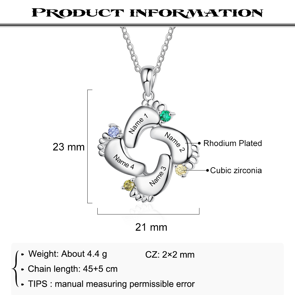Personalised Baby Foot Necklace With 4 Birthstones Engraved Names Gift For Mother-Jessemade AU