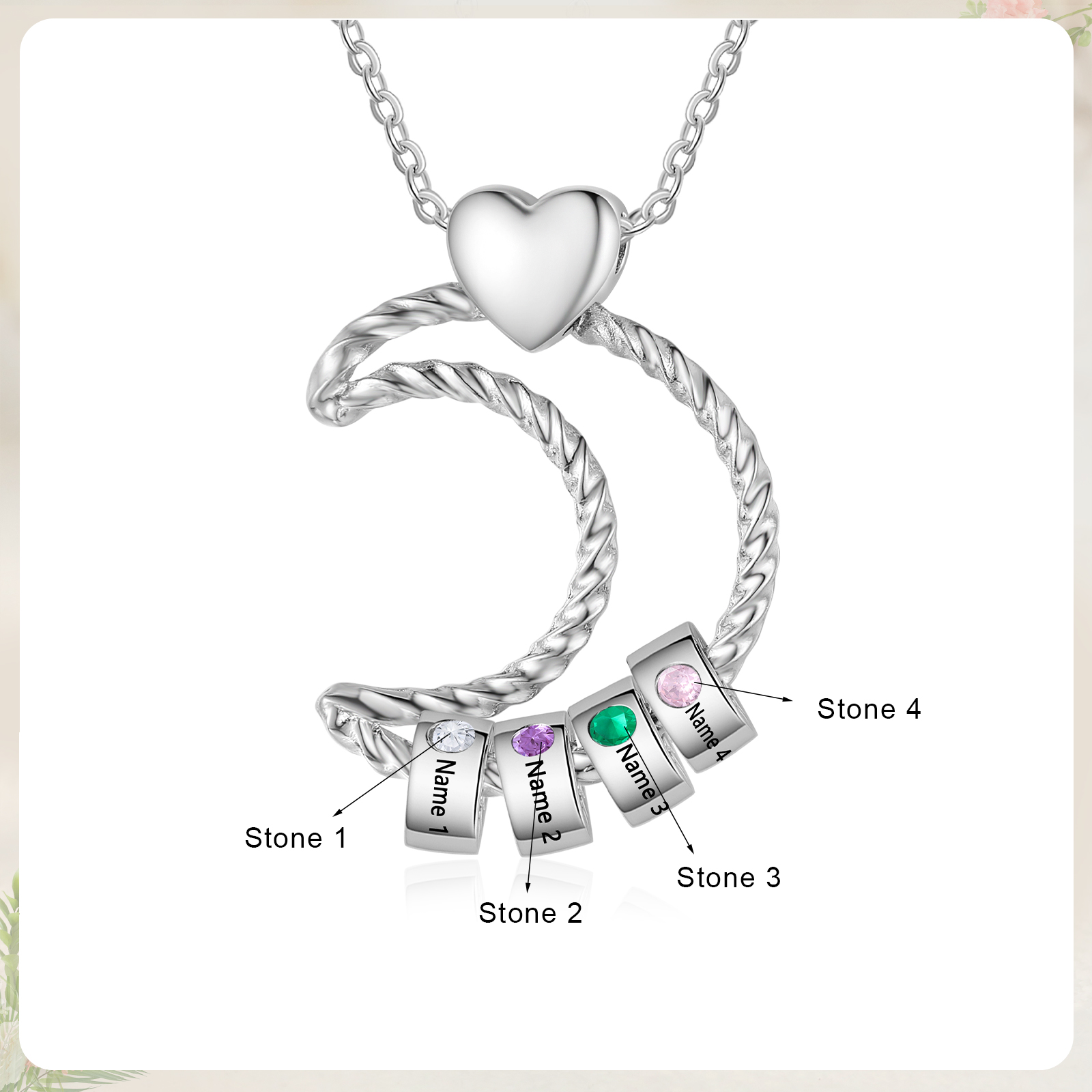 4 Names - Personalised Moon Pendant Necklace Custom Birthstones & Names Necklace Gift for Her-Jessemade AU