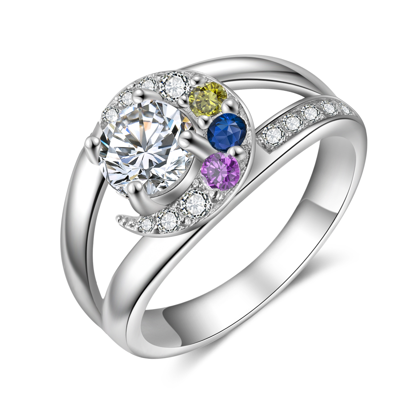 Personalised Moon Star Ring With 3 Birthstones Custom Names Best Gift For Women-Jessemade AU