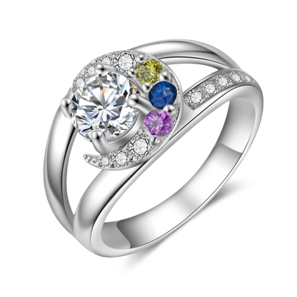 Personalised Moon Star Ring With 3 Birthstones Custom Names Best Gift For Women-Jessemade AU