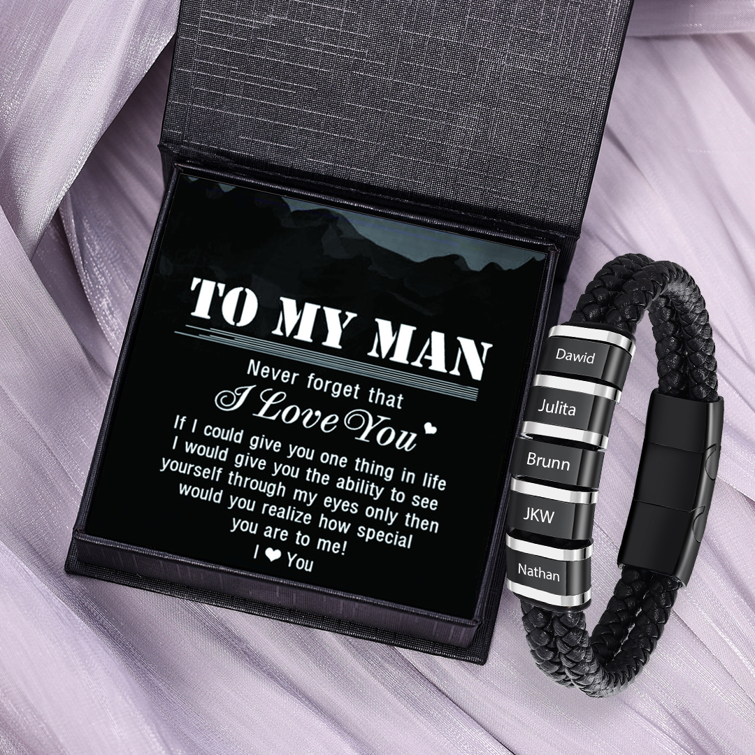 5 Names - Men's Leather Bracelet Custom Names Beaded Bracelet Adjustable Personalised Gift for Him-Jessemade AU