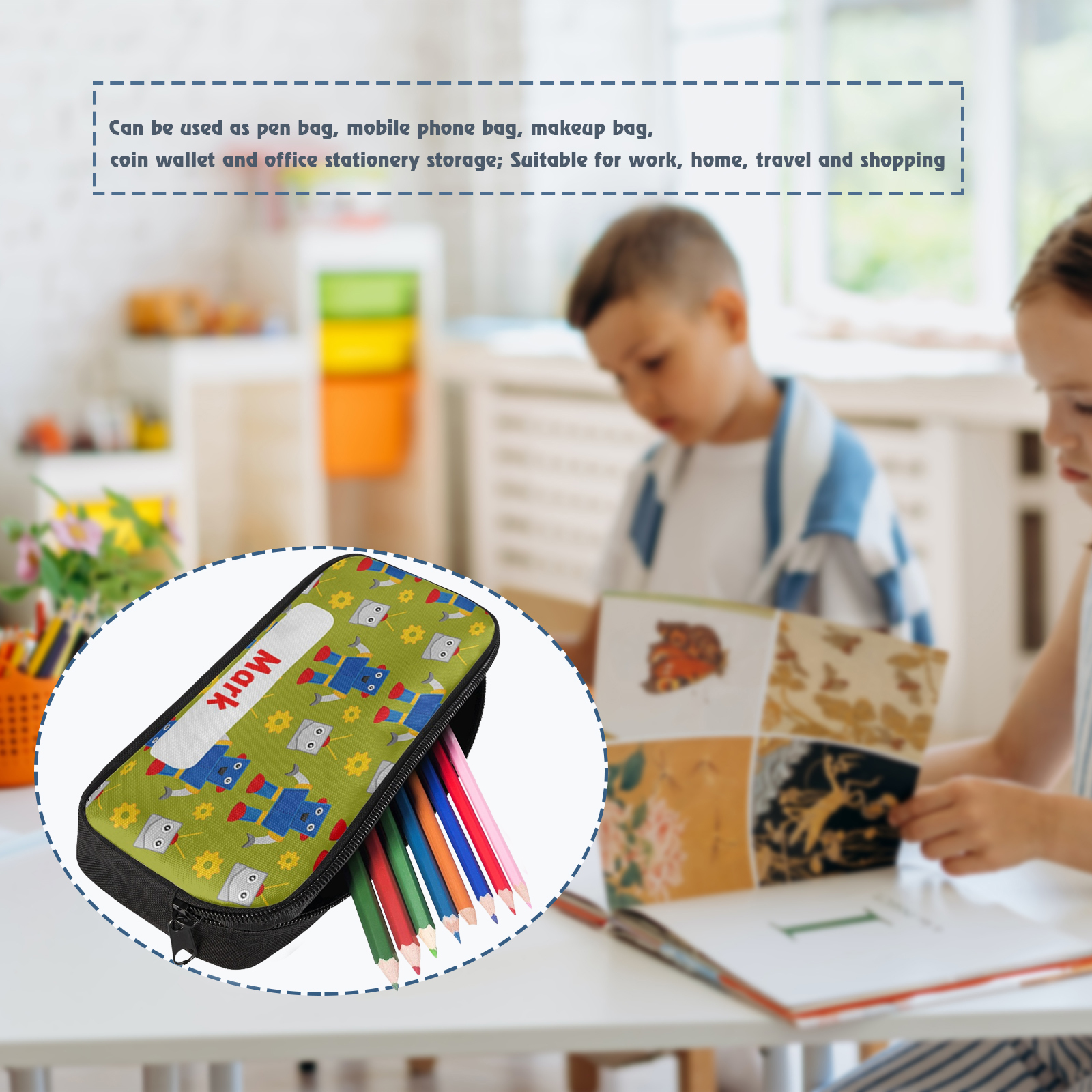 Custom Name Pen Case Personalised  Green Robots Pen Bag Back to School Gifts for Students-Jessemade AU