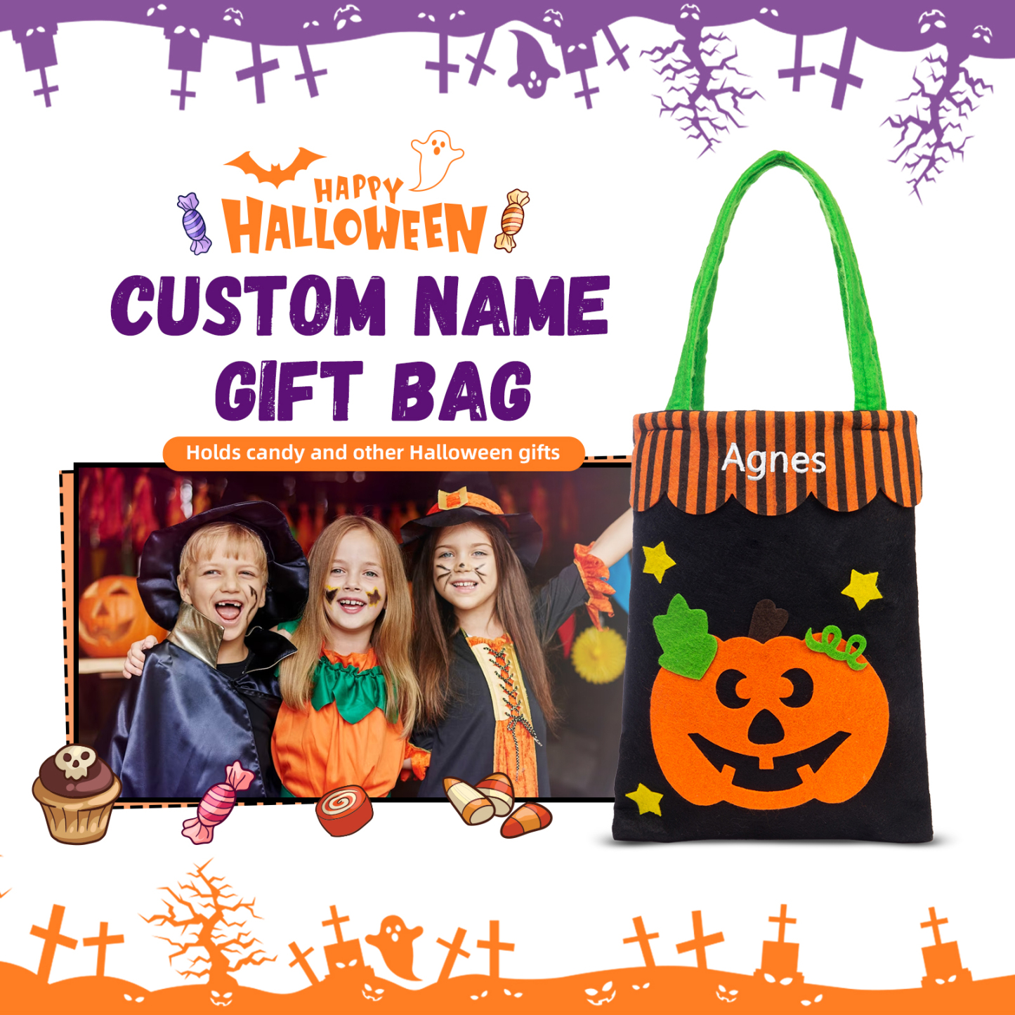 Personalised Halloween Tote Bags Custom 1 Name Tote Bag Halloween Candy Bag for Kids-Jessemade AU
