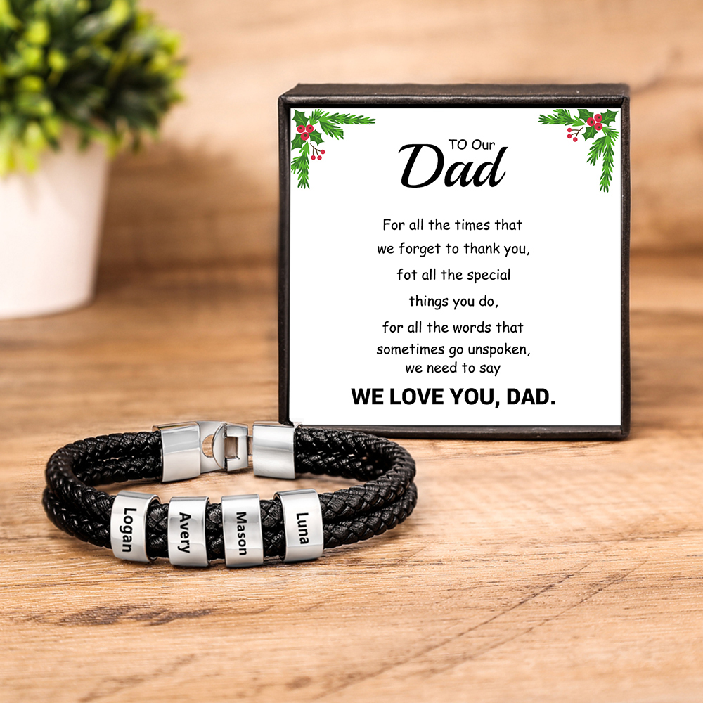 Personalised Braided Leather Bracelet Engraved 4 Names Men's Bracelet for Him-Jessemade AU