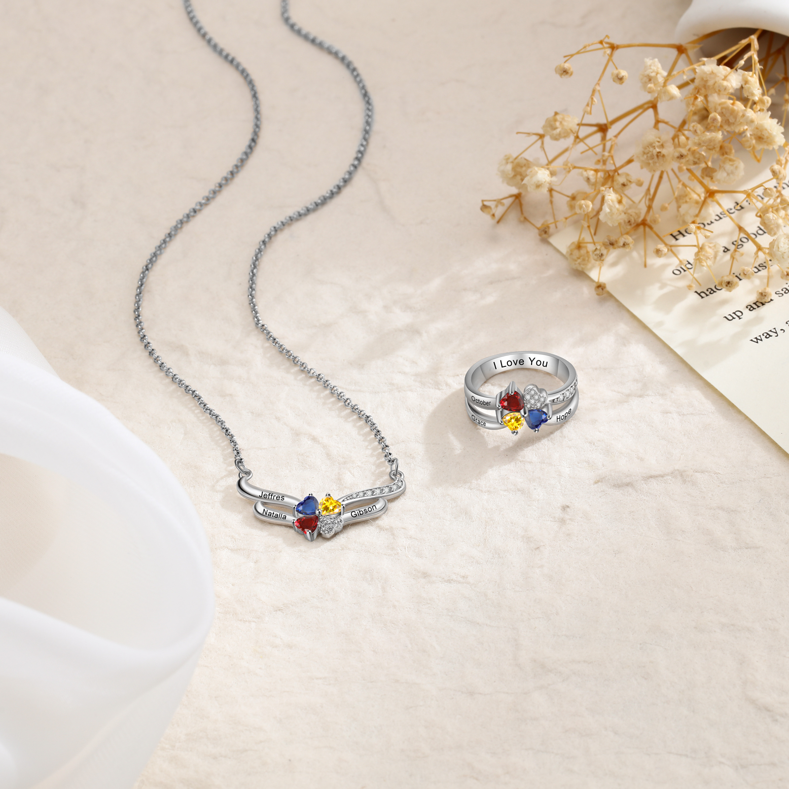 Personalised Ring With 3 Birthstones Engraved Names Ring Best Gift For Women-Jessemade AU