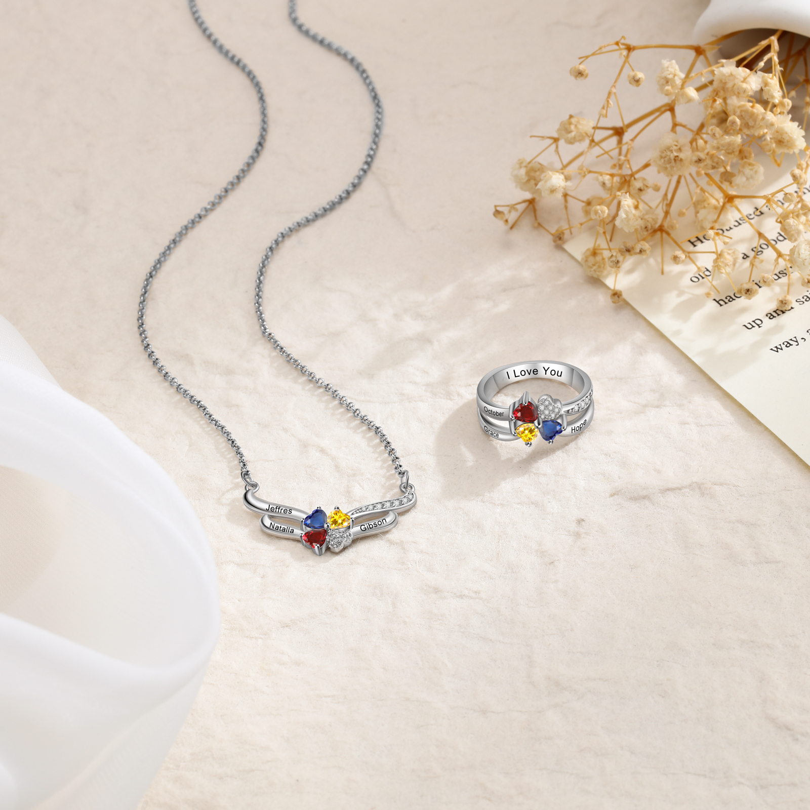 Personalised Ring With 3 Birthstones Engraved Names Ring Best Gift For Women-Jessemade AU