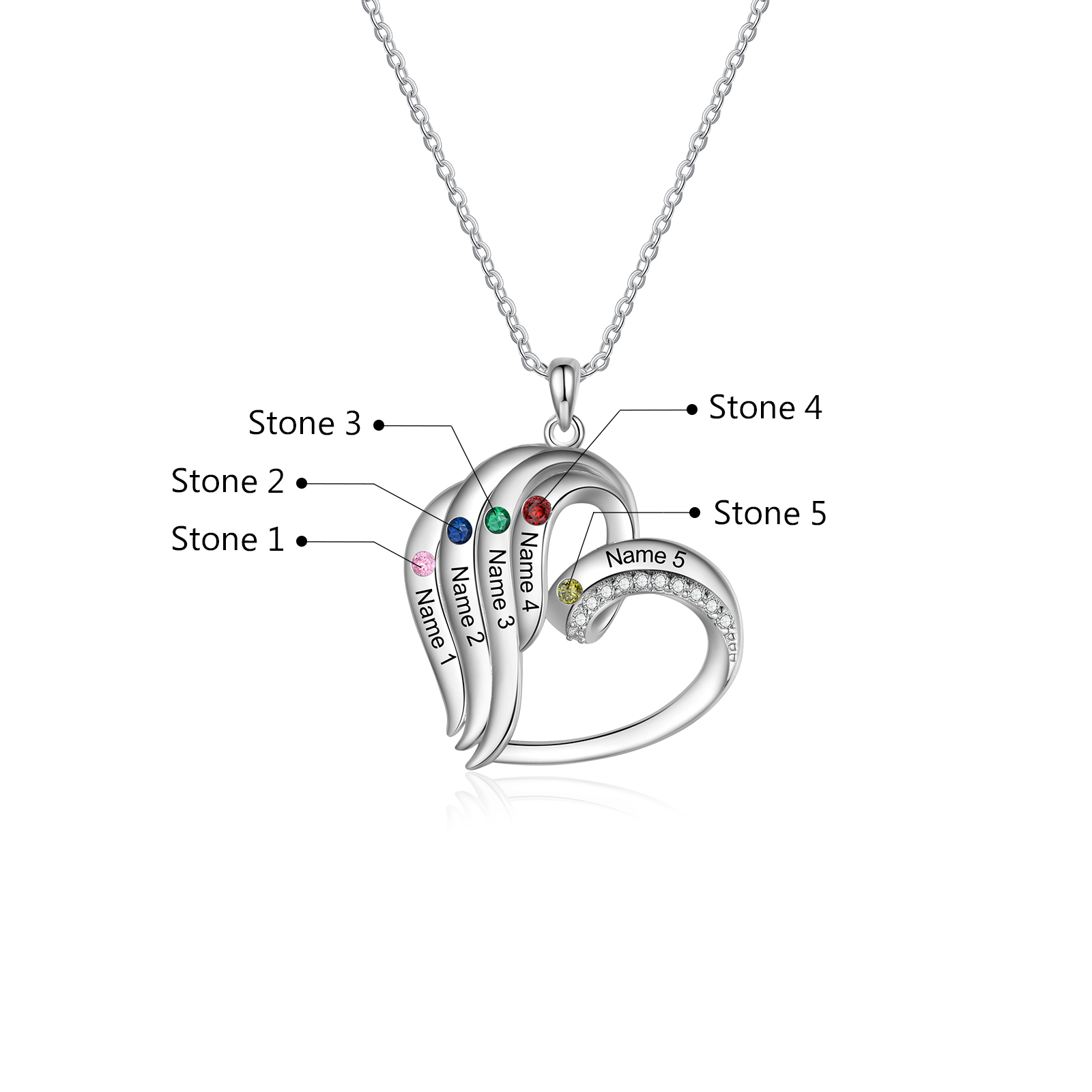 Personalised Heart Pendant Necklace Custom 5 Birthstones Engraved 5 Names Necklace Gift for Her-Jessemade AU