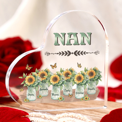 Personalised Acrylic Heart Keepsake Custom 6 Names & 1 Text Sunflower Vase Ornament Gifts for Mother/Grandma-Jessemade AU