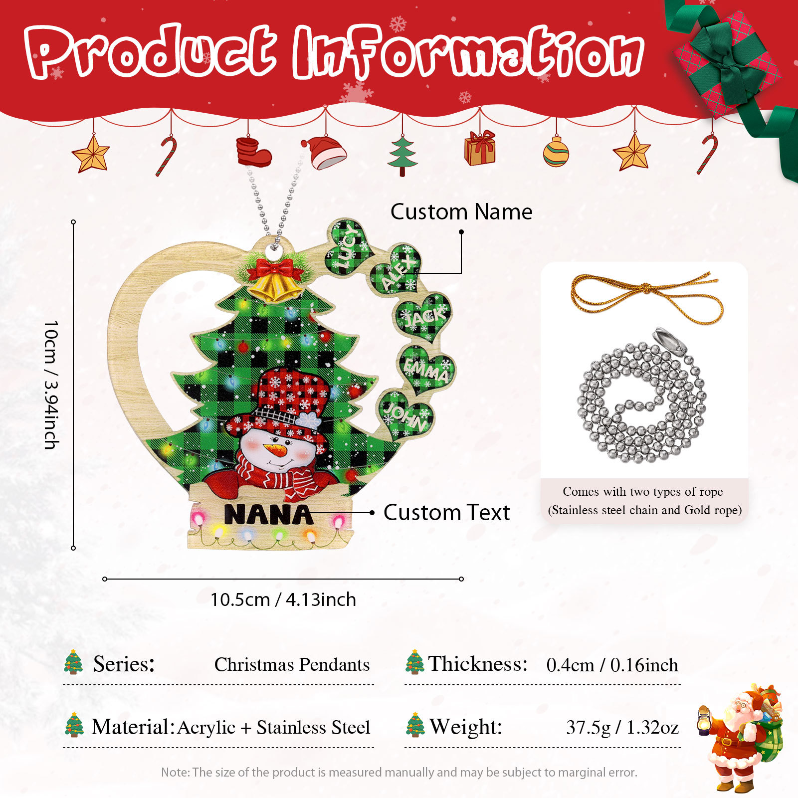 5 Names - Personalised Heart Christmas Tree Ornament Customised Name & Text Acrylic Snowman Hanging Ornaments Gift for Family-Jessemade AU