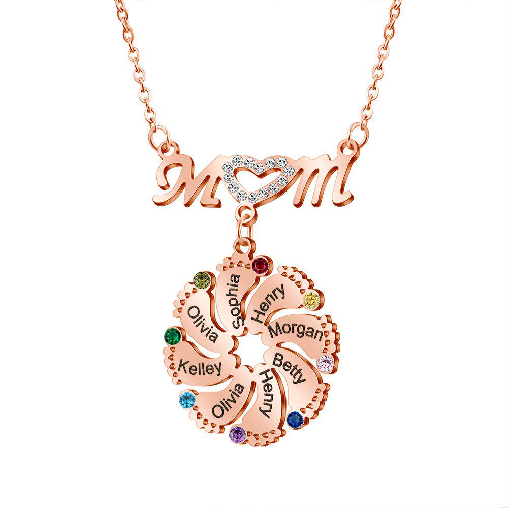 Mom Necklace Customised Baby Feet Necklace with Birthstones Engraving 8 Names Gifts for Her-Jessemade AU