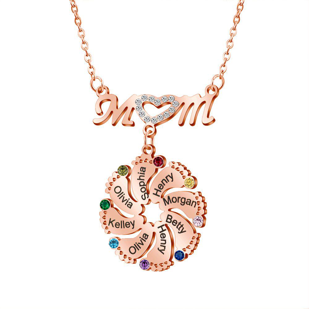 Mom Necklace Customised Baby Feet Necklace with Birthstones Engraving 8 Names Gifts for Her-Jessemade AU