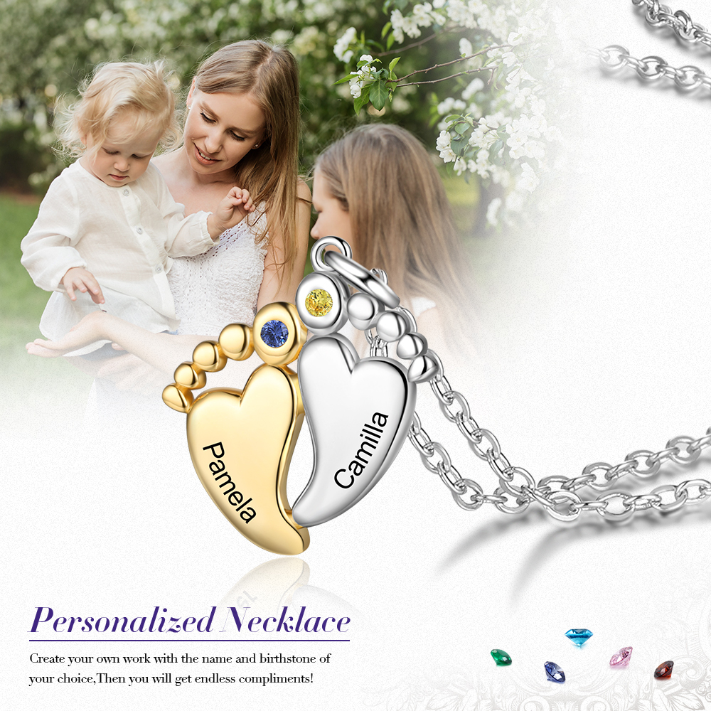 Personalised Baby Feet Necklace With 2 Birthstones Engraved Names Gift For Women-Jessemade AU
