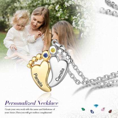 Personalised Baby Feet Necklace With 2 Birthstones Engraved Names Gift For Women-Jessemade AU