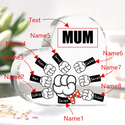 8 Names - Personalised Acrylic Heart Keepsake Custom Name & Text Fist Bump Ornaments Gifts for Family-Jessemade AU