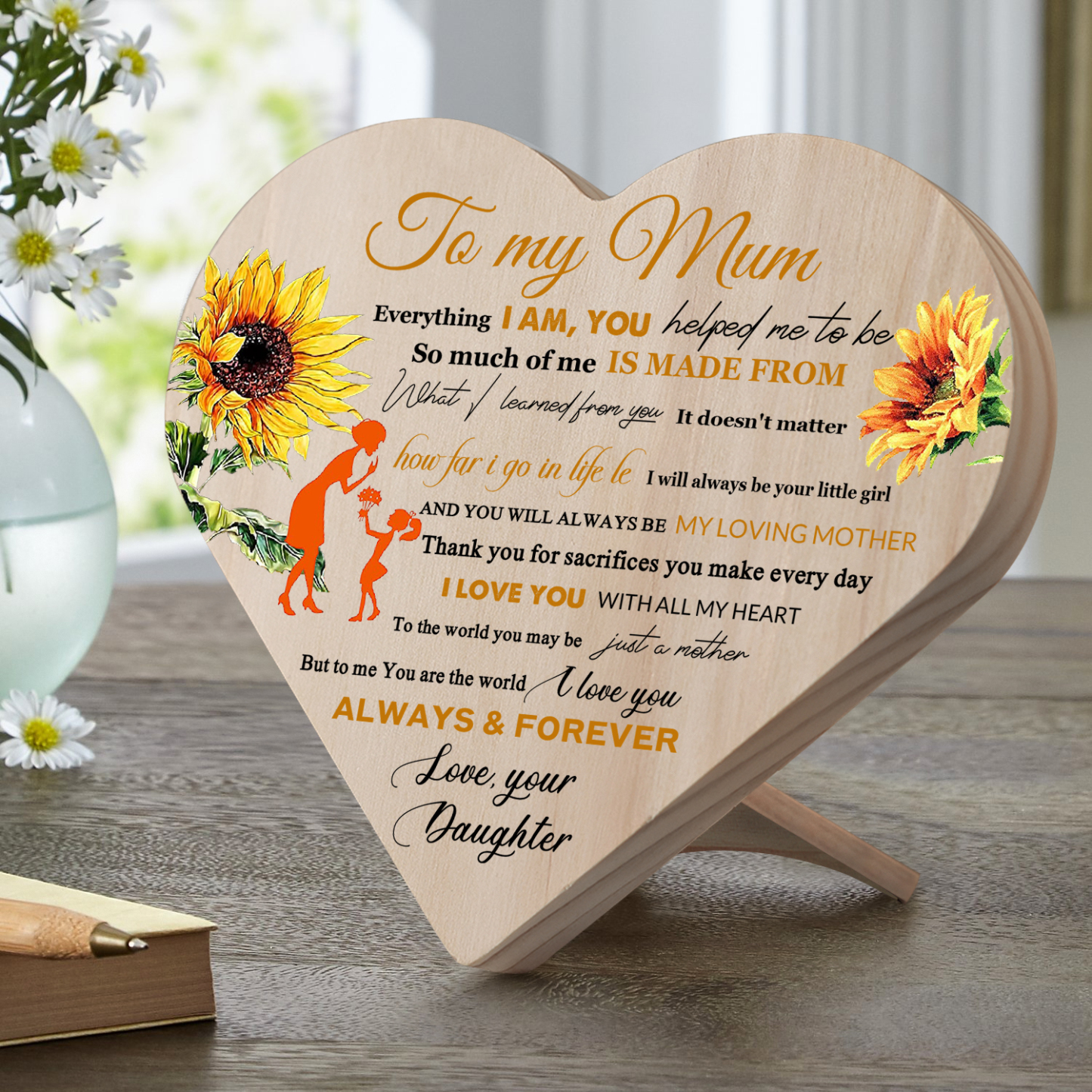 To My Mum "I Love You ALWAYS & FOREVER" Wooden Flowers Heart Keepsake Desktop Ornament-Jessemade AU