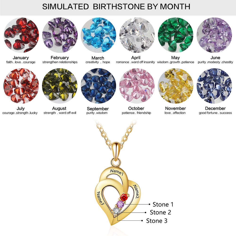 Personalised Heart Necklace With 3 Birthstones Engraved Names Gift For Her-Jessemade AU