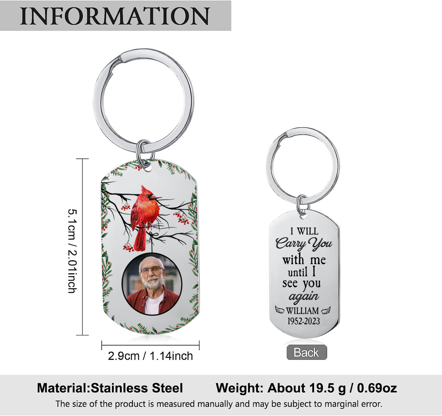 Personalised Memorial Photo Keychain Custom Name & Text Keychain Commemorate Deceased Loved Ones - I Will Carry You With Me Until I See You Again -Jessemade AU