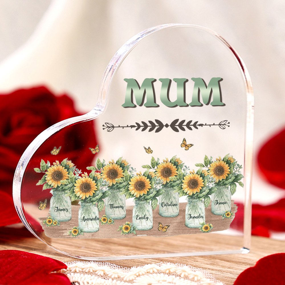 Personalised Acrylic Heart Keepsake Custom 7 Names & 1 Text Sunflower Vase Ornament Gifts for Mother/Grandma-Jessemade AU