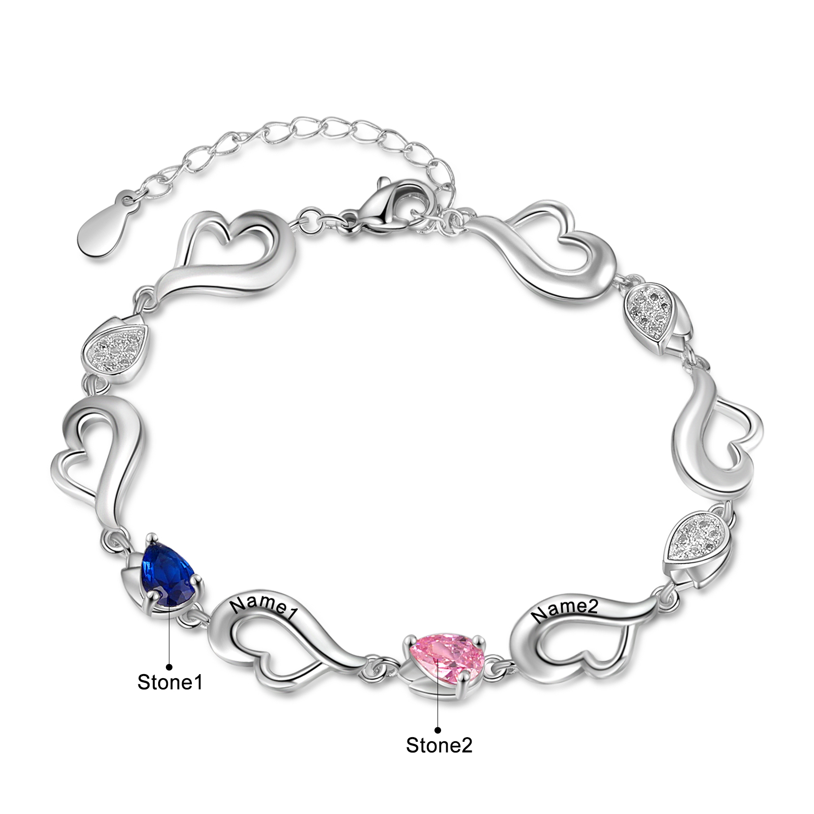 Personalised Heart Bracelet With 2 Birthstones Engraved Name Bracelet Gifts For Her-Jessemade AU