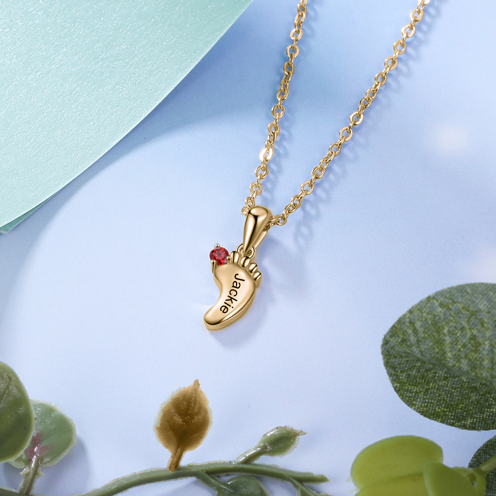 Personalised Baby Feet Necklace With 1 Birthstone Engraved Names Gift For Mother-Jessemade AU
