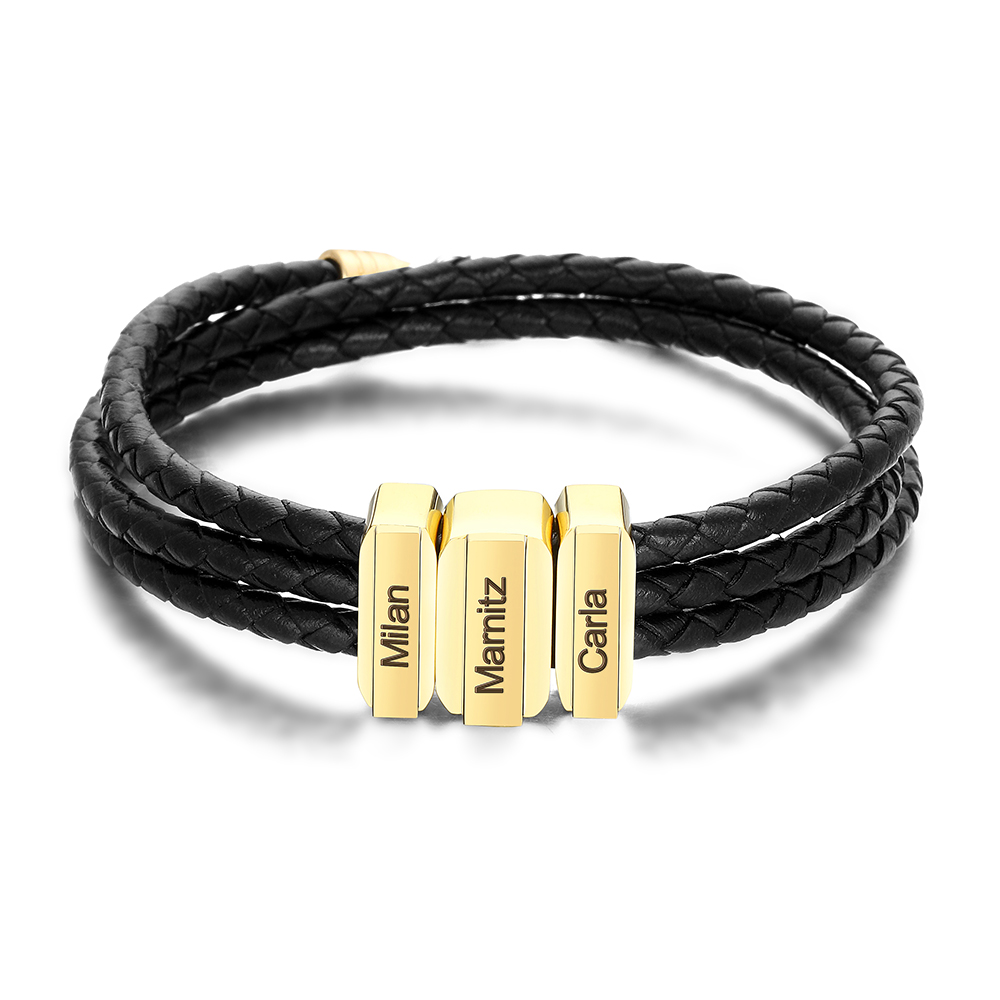 Mens Leather Bracelet with Customised Beads Personalised Three Layer Bracelet Engraved 3 Names-Jessemade AU