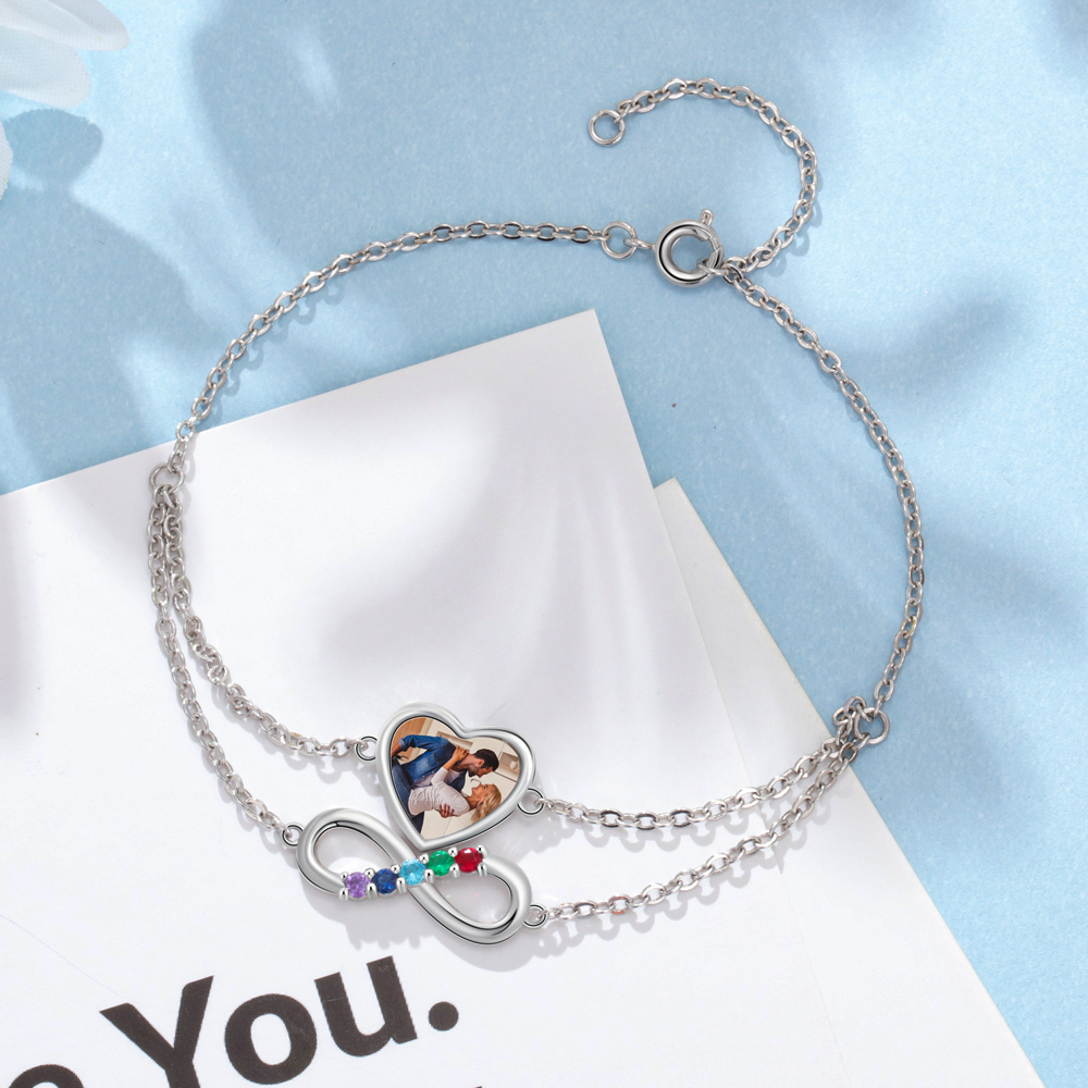 Personalised Heart Photo Bracelet With 5 Birthstones Custom Photo Bracelet Gifts For Her-Jessemade AU