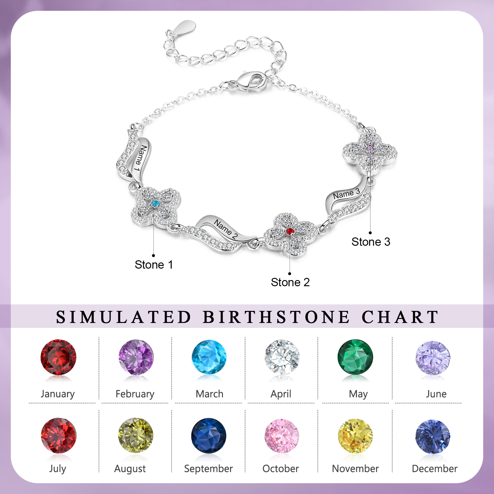 Personalised 3 Birthstones Engraved 3 Names Bracelet Women's Bracelets Birthday Gift for Her