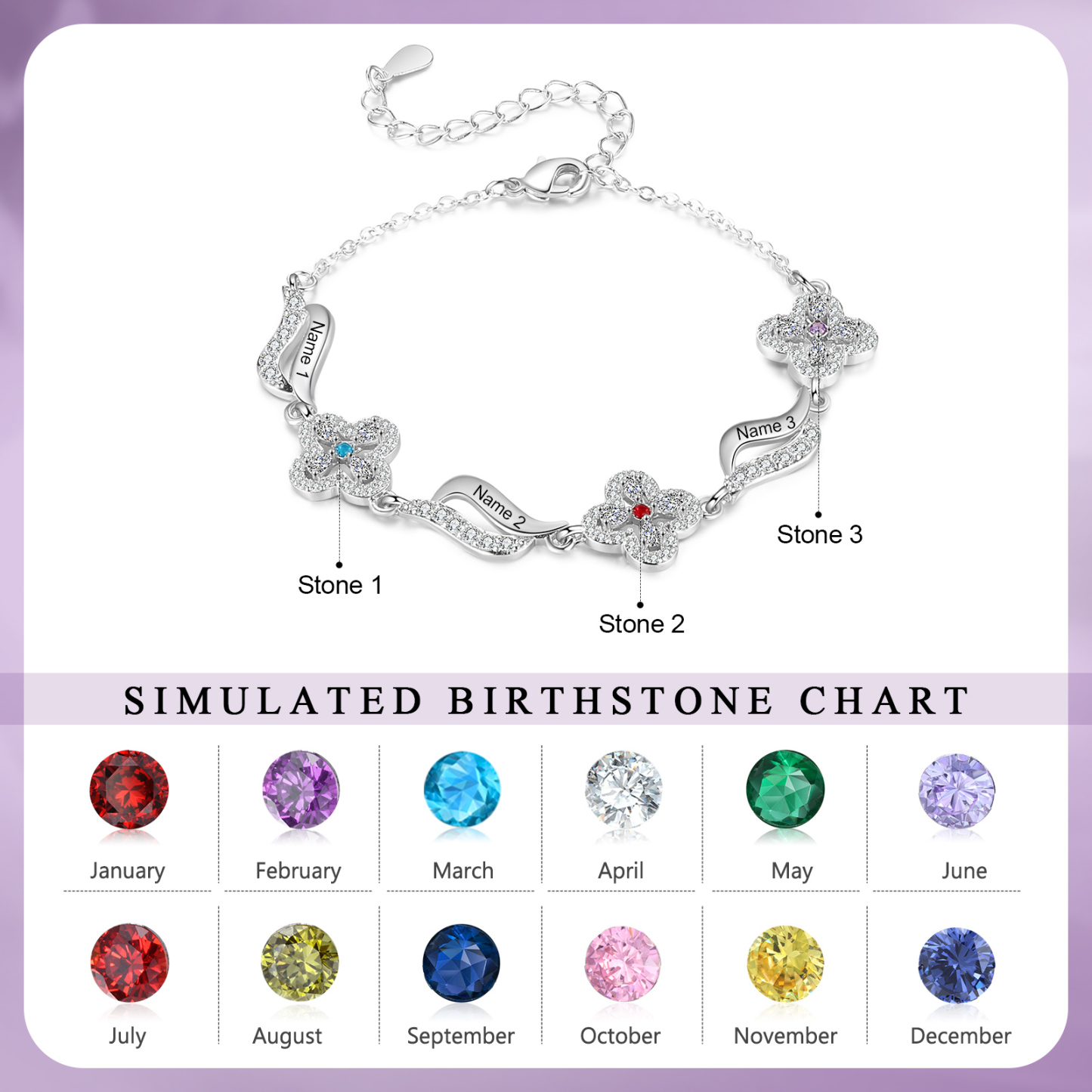 Personalised 3 Birthstones Engraved 3 Names Bracelet Women's Bracelets Birthday Gift for Her-Jessemade AU