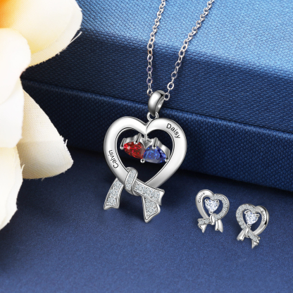 Personalised Heart Necklace With 2 Birthstones Custom Names Best Gift For Women-Jessemade AU