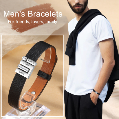 Personalised Leather Bracelet with Beads Engraved 3 Names Bangle for Him-Jessemade AU